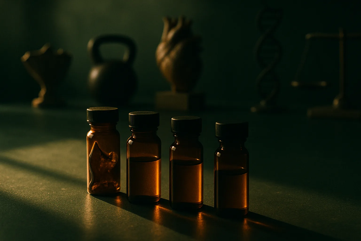 Amberkleurige vials op een labtafel, met kettlebell en DNA-model op de achtergrond